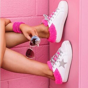 Polaris White and Pink Leather Backless Slip-On Sneakers